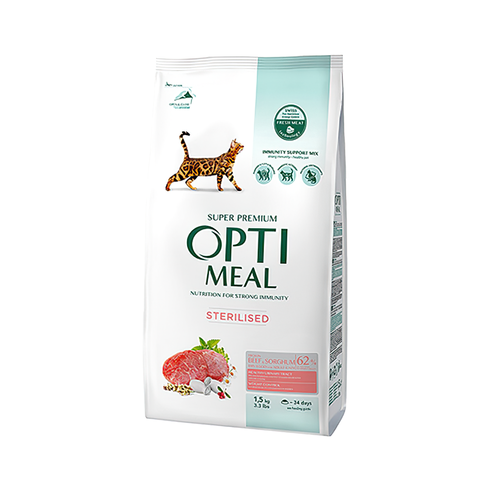 OptiMeal Düşük Tahıllı Dana Etli Kısırlaştırılmış Kedi Maması (1,5 kg)