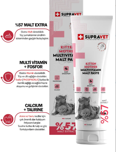 Supravet Hamile Ve Yavru Kediler Için Kalsiyum Ve Taurinli Multi Vitamin Kedi Macunu 100 Gr. (%57 Extra Malt)