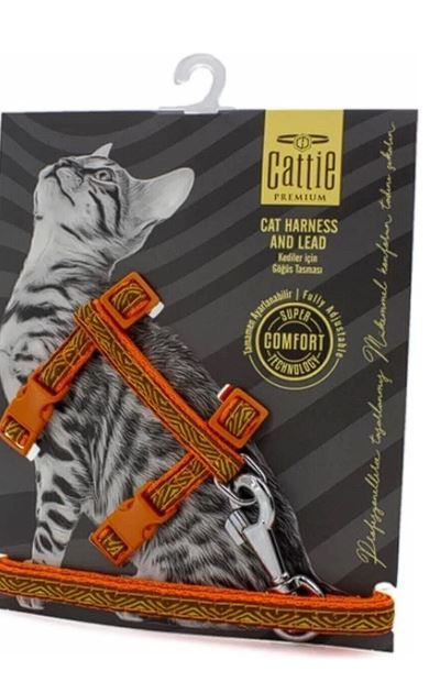 Cattie Turuncu Özel Desenli Dokumadan El Yapımı Kedi Göğüs & Gezdirme Takımı