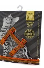 Cattie Turuncu Özel Desenli Dokumadan El Yapımı Kedi Göğüs & Gezdirme Takımı