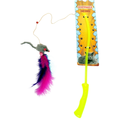 CatMozz Özel Tüylü Zilli Fareli Plastik Saplı Kedi Oyuncağı Oltası 50 Cm