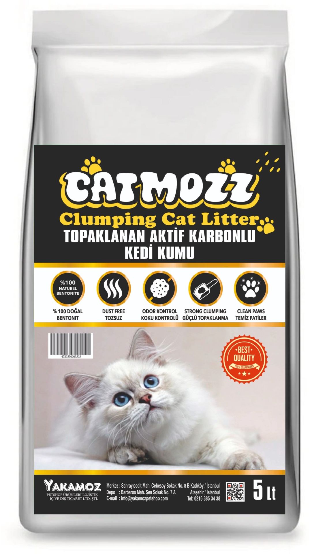 CatMozz Aktif Karbonlu Bentonit İnce Taneli Topaklanan Kedi Kumu 5 Lt