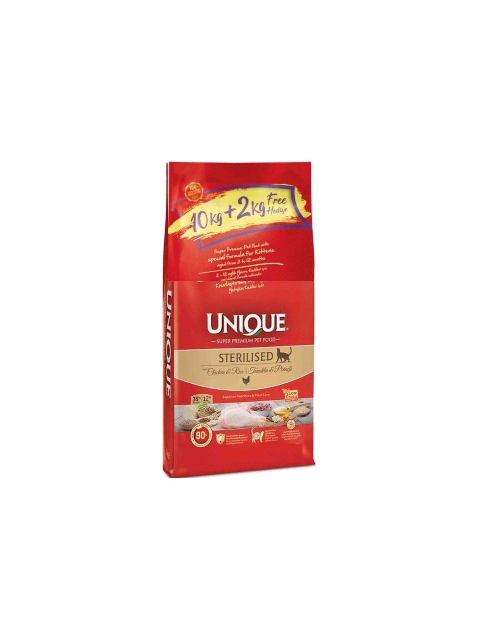 Unique Tavuklu Düşük Tahıllı Kısırlaştırılmış Kedi Maması 10kg+2kg HEDİYELİ!