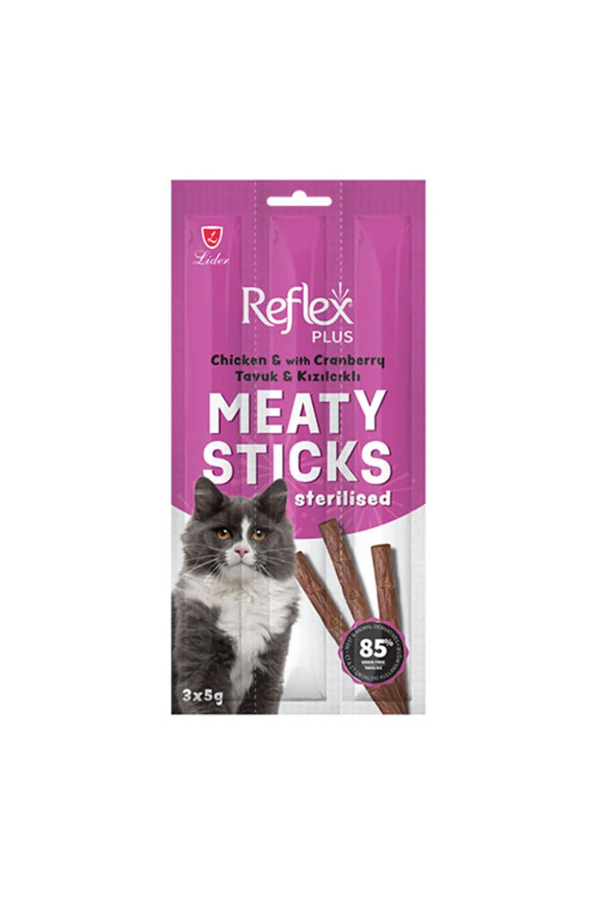 Reflex Plus Meaty Sticks Tavuklu Ve Kızılcıklı Tahılsız Kısırlaştırılmış Kedi Ödül Çubuğu 3x5 gr