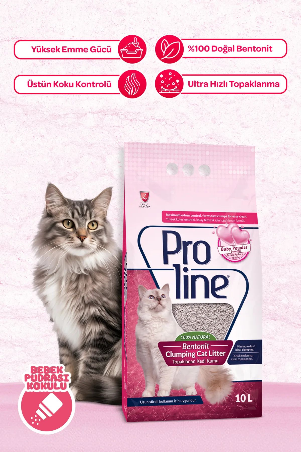 Proline Doğal Topaklanan Baby Powder Kokulu Kedi Kumu 10 Lt Kalın Taneli
