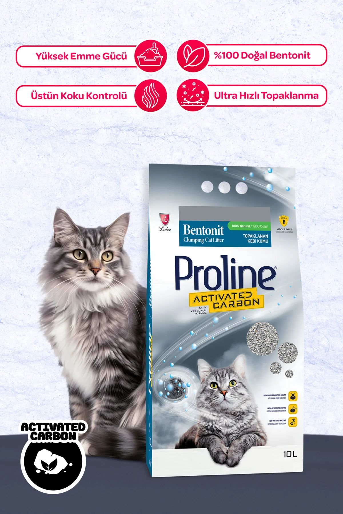 Proline Aktif Karbonlu Topaklanan Kedi Kumu 10 Lt