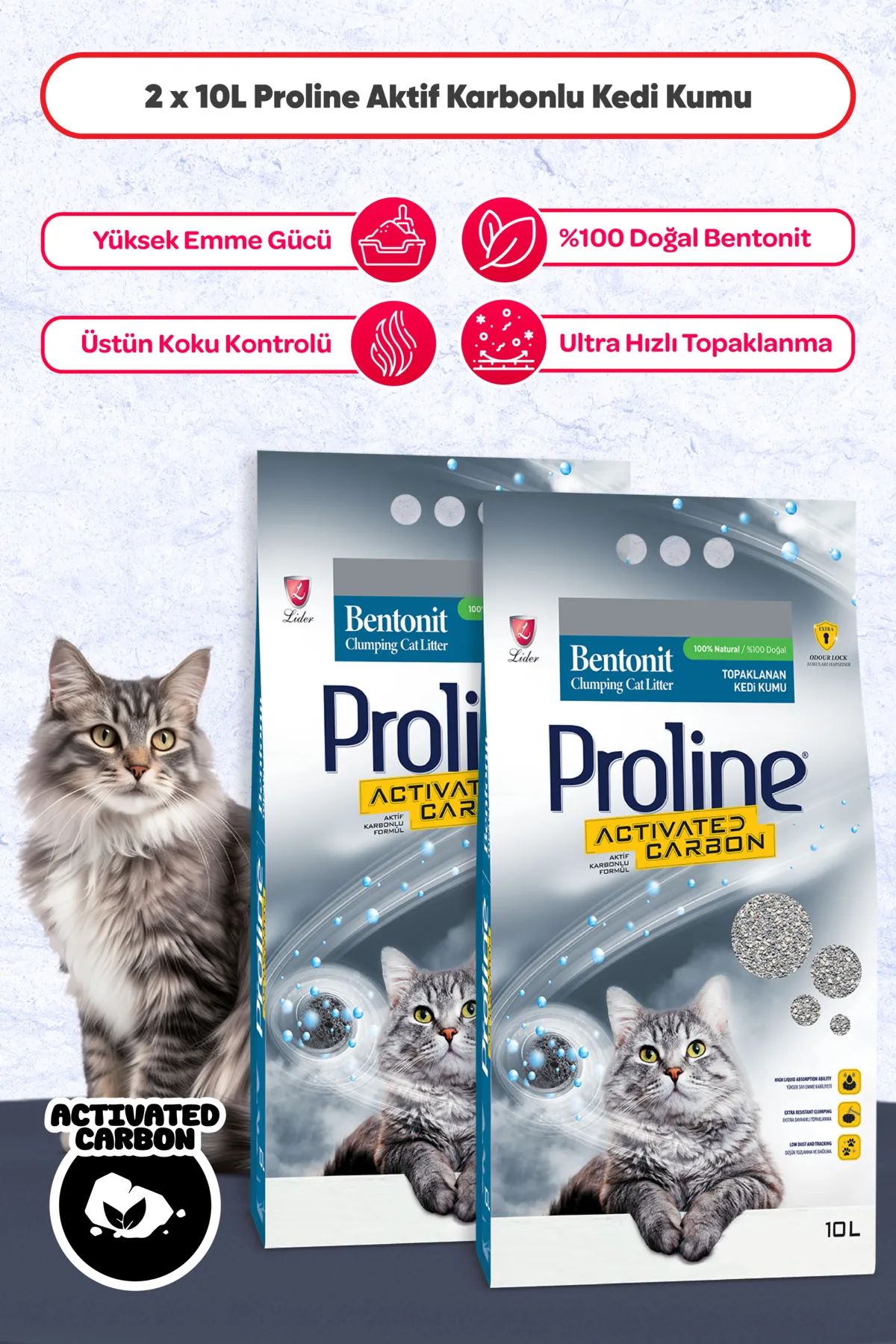 Proline Proline Aktif Karbonlu Topaklanan Kedi Kumu 10 Lt X 2 Adet