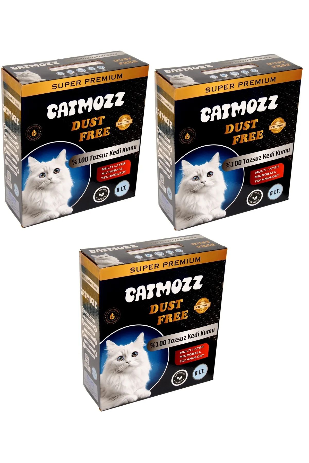 CatMozz Dust Free %100 Tozsuz Süper Premium Aktif Karbon Topaklaşan Hipoalerjik İnce Kedi Kumu 8 Lt X 3 Adet