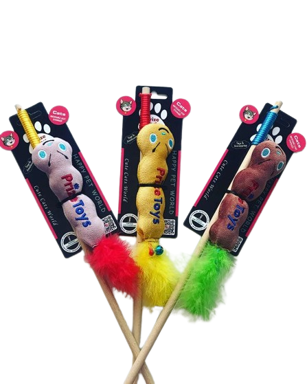 PRİZE TOYS Kedi Ahşap Saplı Tüylü Peluş Tırtıl Oyuncaklı Olta