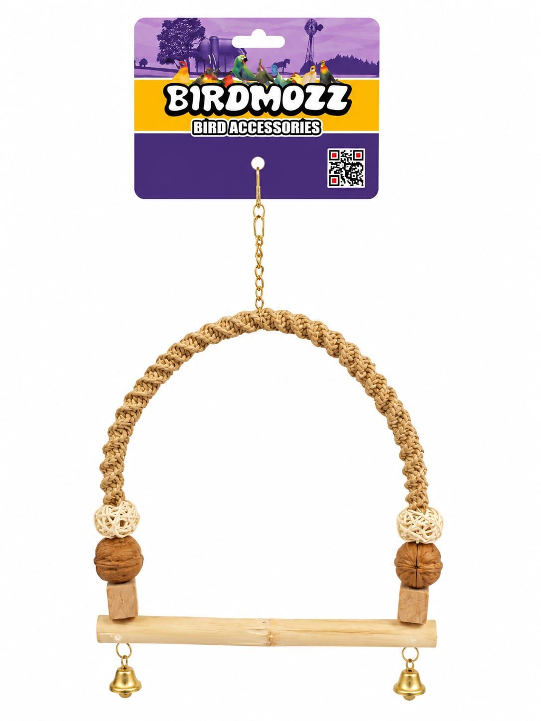 Birdmozz Premium Hasır Örgülü Cevizli Ahşap Tünek 25 Cm