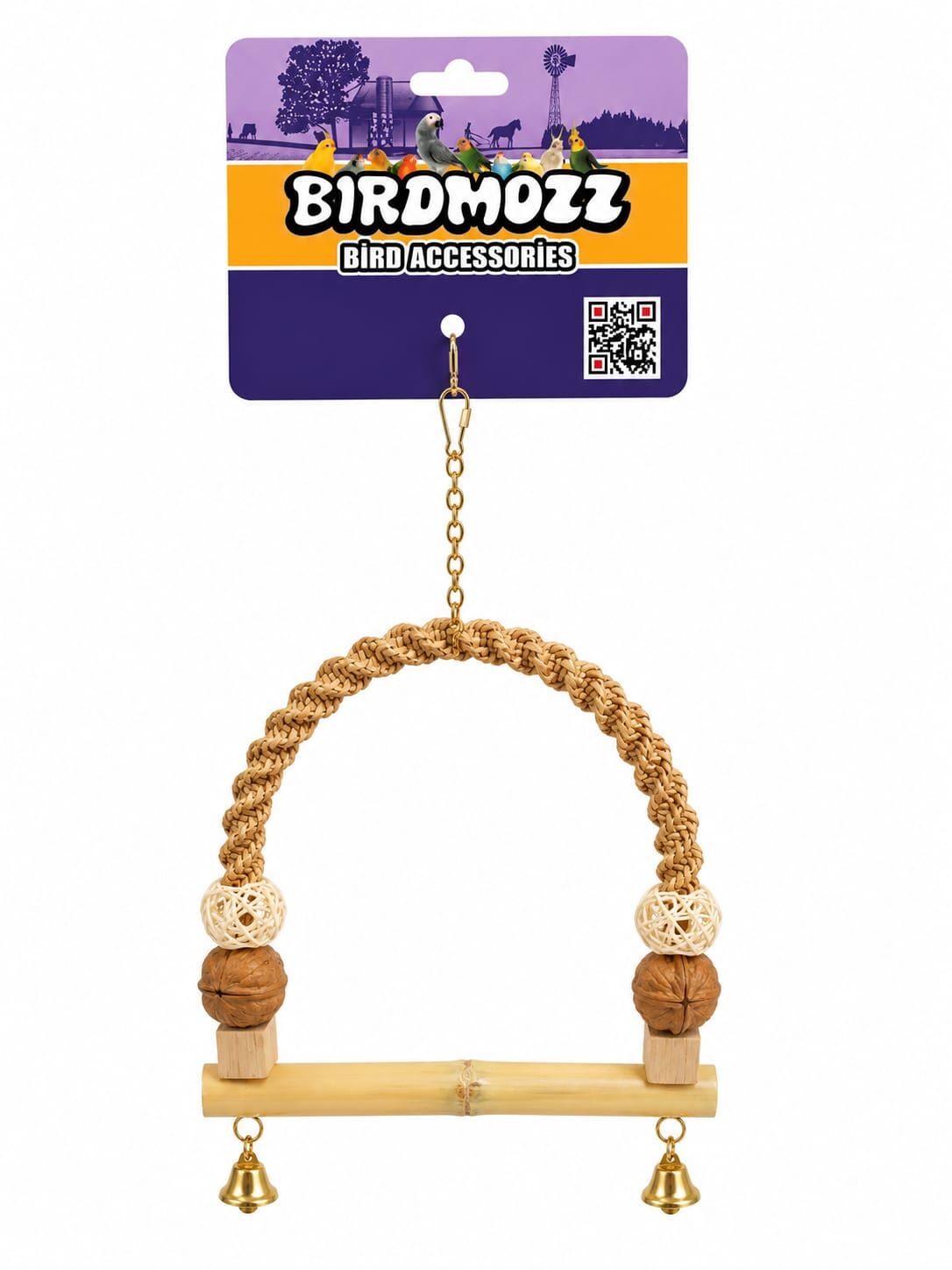 Birdmozz Premium Hasır Örgülü Cevizli Ahşap Tünek 19 Cm