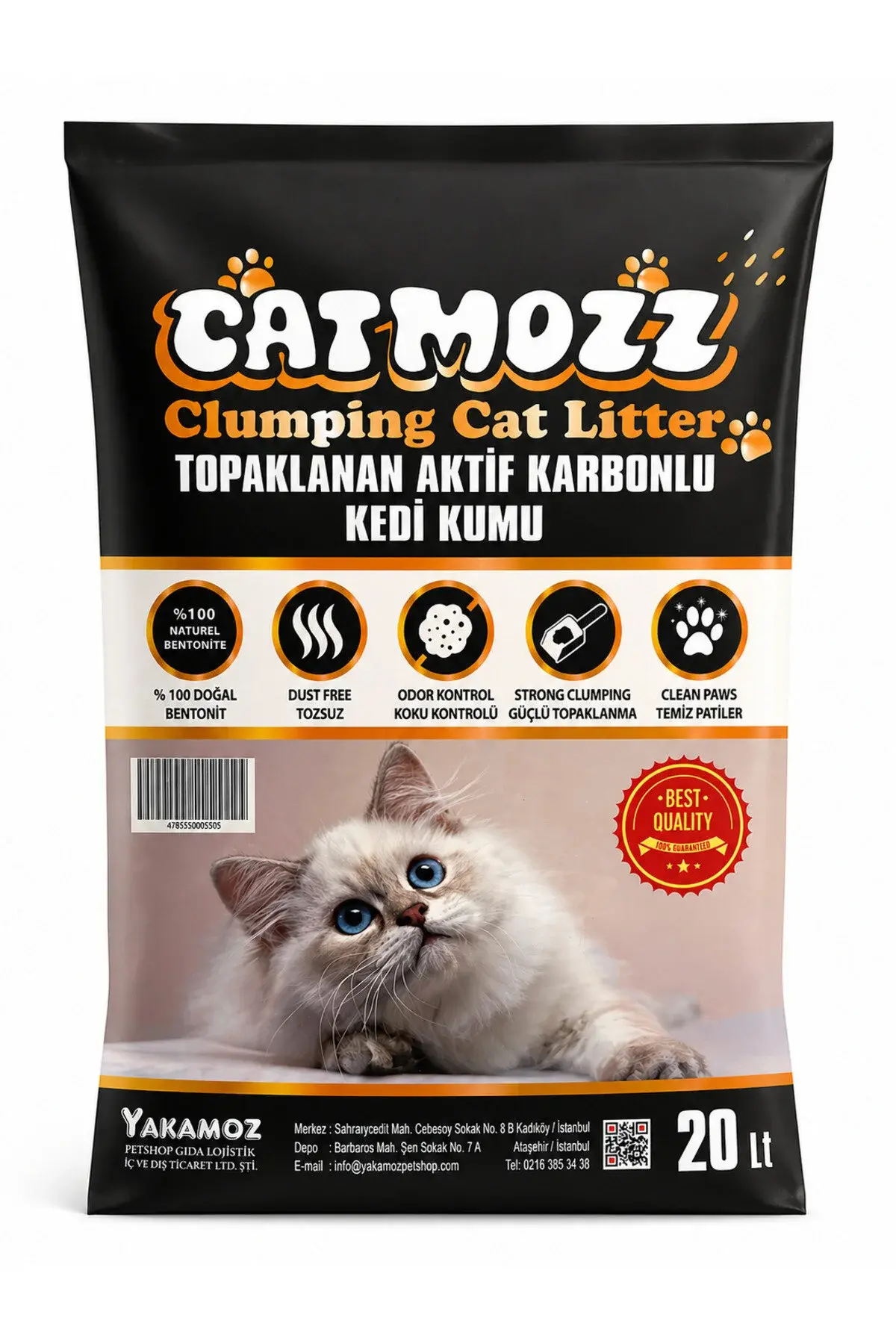 CatMozz 20 Lt Aktif Karbonlu İnce Taneli Topaklaşan Bentonit Kedi Kumu