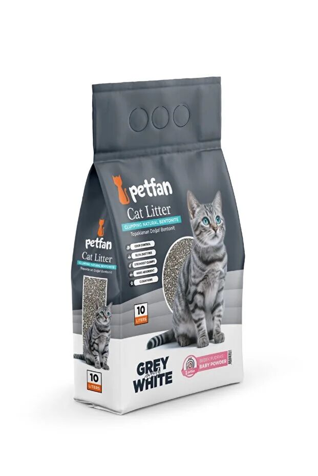 Petfan Grey&White Bebek Pudralı İnce Taneli Kedi Kumu 10 Lt