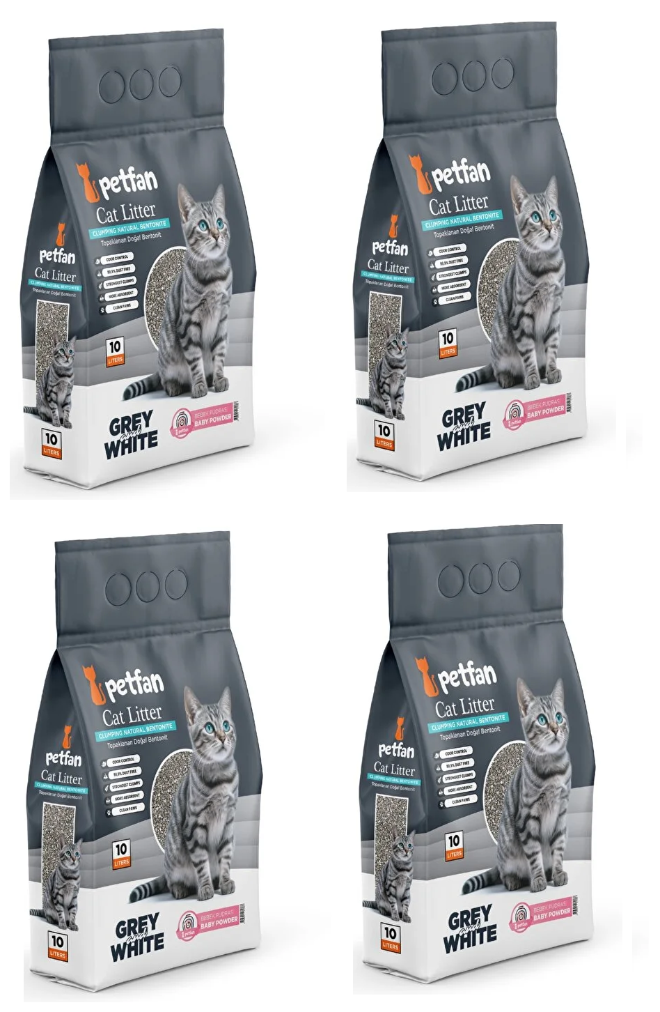 Petfan Grey&White Bebek Pudralı İnce Kedi Kumu 10 Ltx4 Adet