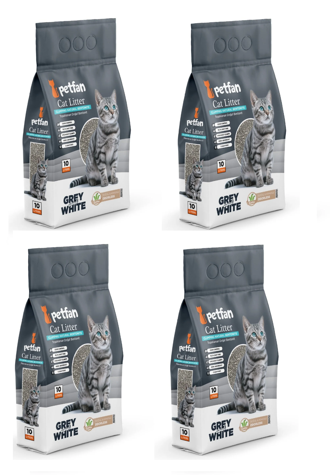 Petfan Grey&White Doğal Kokusuz İnce Taneli Kedi Kumu 10ltx4 Adet